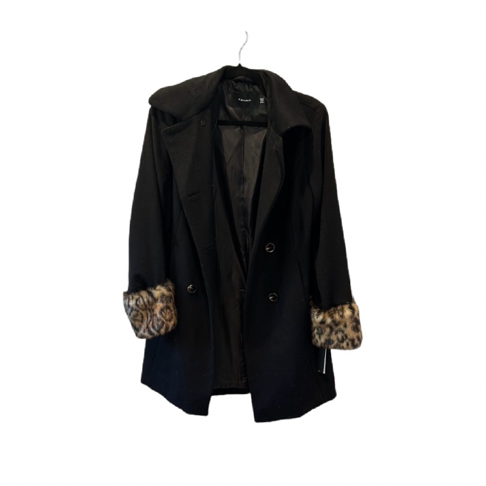 Black Leopard Print Cuffed Tahari Trench Coat